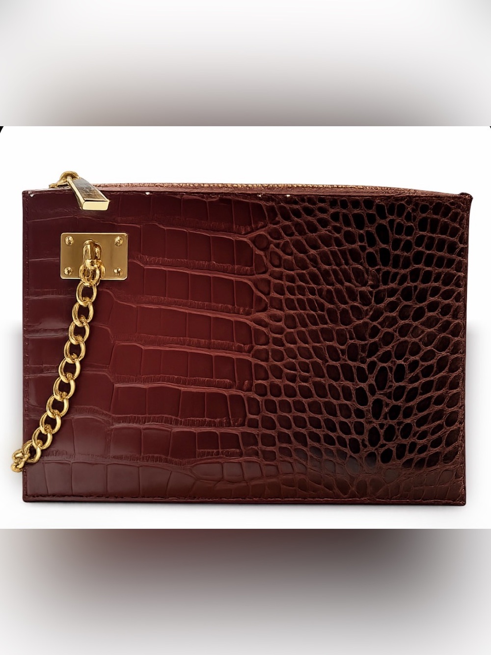 Sondra Roberts 2 Crocodile Embossed Clutch Wristelt with Gold-Tone Chain Pre-own